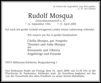 Traueranzeige von Rudolf Mosqua von Tageszeitung
