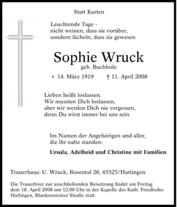 Traueranzeige von Sophie Wruck von Tageszeitung