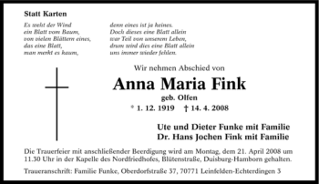 Traueranzeige von Anna Maria Fink von Tageszeitung