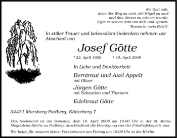 Traueranzeige von Josef Götte von Tageszeitung