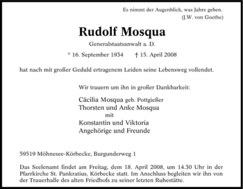 Traueranzeige von Rudolf Mosqua von Tageszeitung