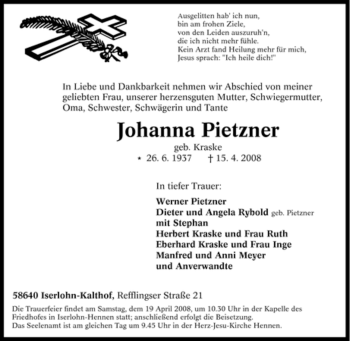 Traueranzeige von Johanna Pietzner von Tageszeitung