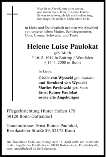 Traueranzeige von Helene Luise Paulokat von Tageszeitung