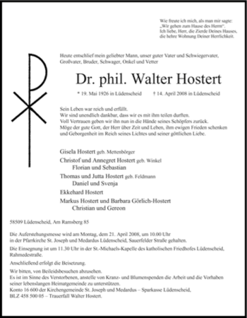 Traueranzeige von Walter Hostert von Tageszeitung
