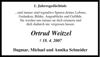 Traueranzeige von Ortrud Weitzel von Tageszeitung