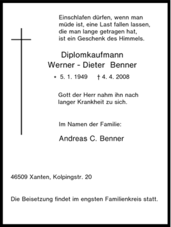 Traueranzeige von Werner - Dieter Benner von Tageszeitung