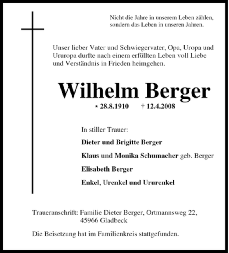  Traueranzeige für Wilhelm Berger vom 18.04.2008 aus Tageszeitung