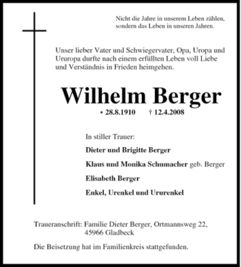 Traueranzeige von Wilhelm Berger von Tageszeitung