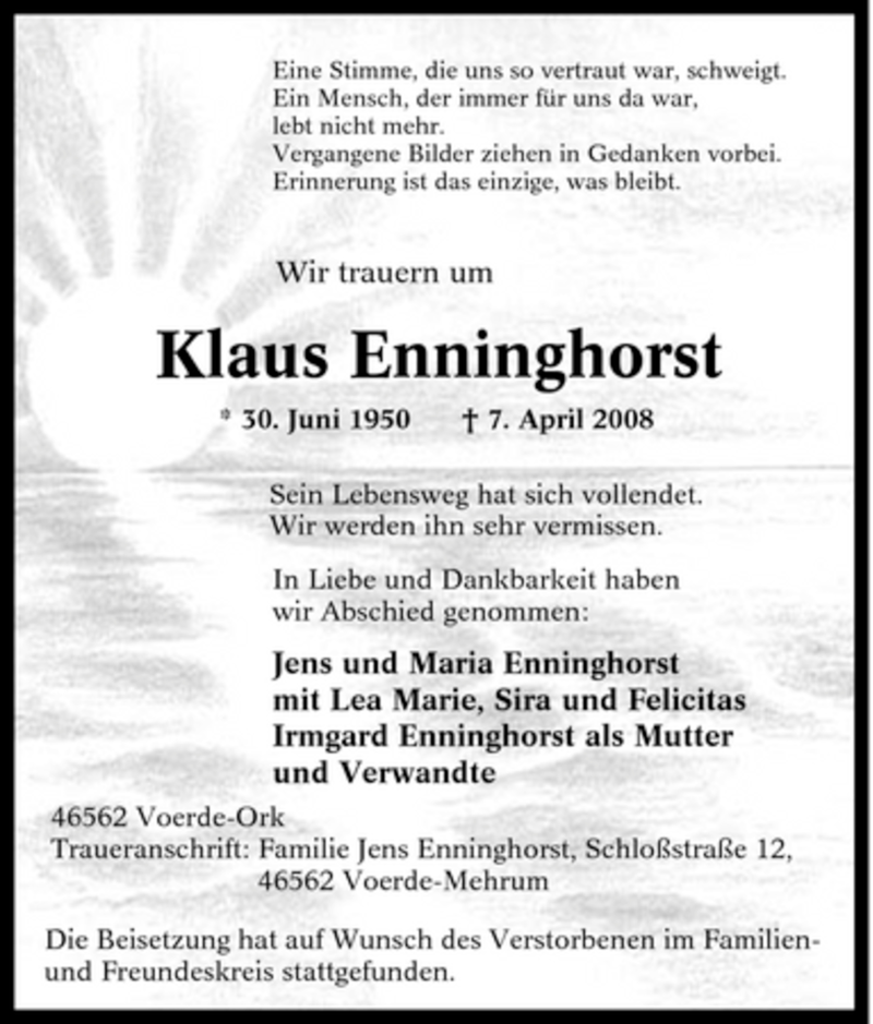  Traueranzeige für Klaus Enninghorst vom 18.04.2008 aus Tageszeitung