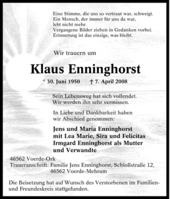 Traueranzeige von Klaus Enninghorst von Tageszeitung