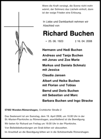 Traueranzeige von Richard Buchen von Tageszeitung
