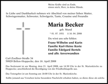 Traueranzeige von Maria Becker von Tageszeitung