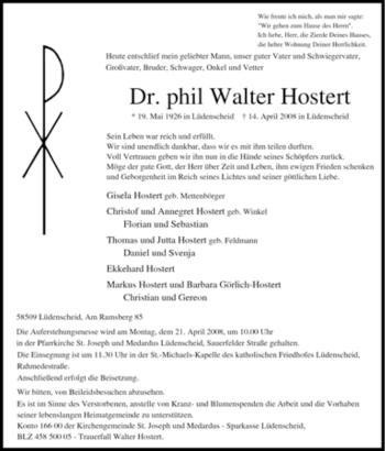 Traueranzeige von Walter Hostert von Tageszeitung