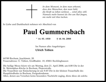 Traueranzeige von Paul Gummersbach von Tageszeitung