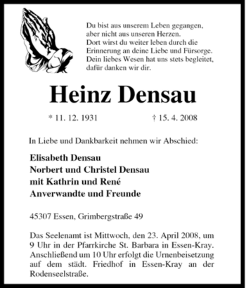Traueranzeige von Heinz Densau von Tageszeitung