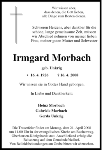 Traueranzeige von Irmgard Morbach von Tageszeitung
