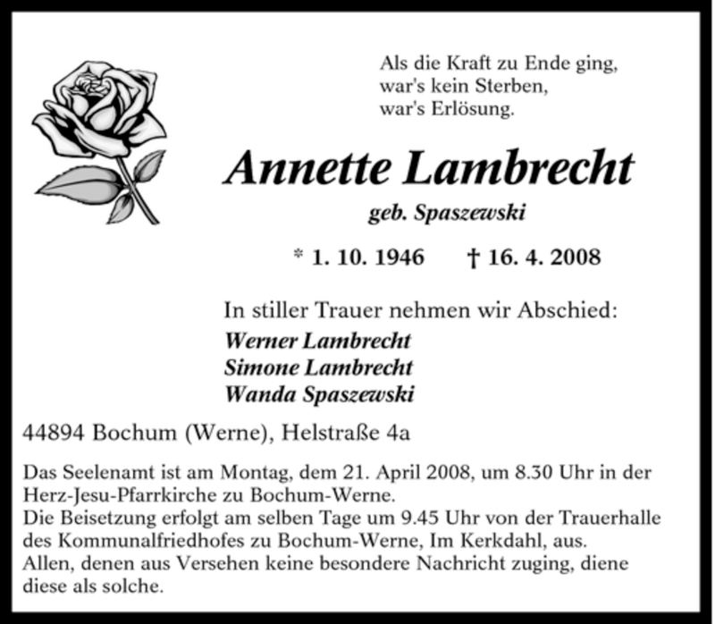  Traueranzeige für Annette Lambrecht vom 18.04.2008 aus Tageszeitung