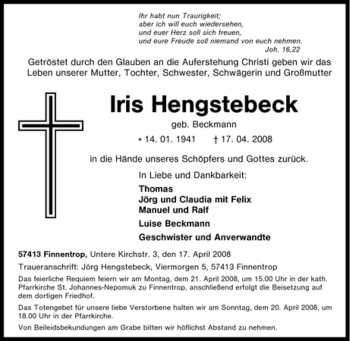Traueranzeige von Iris Hengstebeck von Tageszeitung