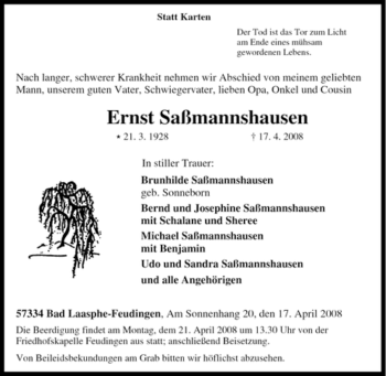 Traueranzeige von Ernst Saßmannshausen von Tageszeitung