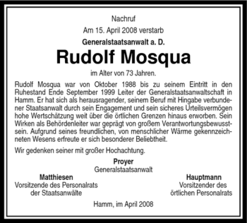 Traueranzeige von Rudolf Mosqua von Tageszeitung