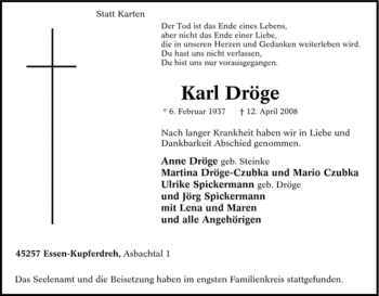 Traueranzeige von Karl Dröge von Tageszeitung