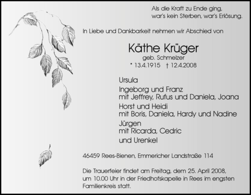  Traueranzeige für Käthe Krüger vom 19.04.2008 aus Tageszeitung