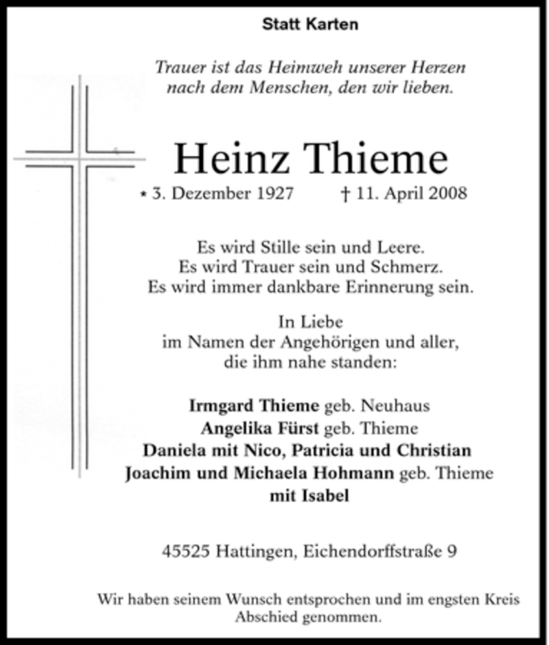  Traueranzeige für Heinz Thieme vom 19.04.2008 aus Tageszeitung