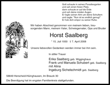 Traueranzeige von Horst Saalberg von Tageszeitung