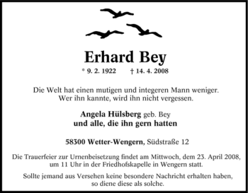 Traueranzeige von Erhard Bey von Tageszeitung