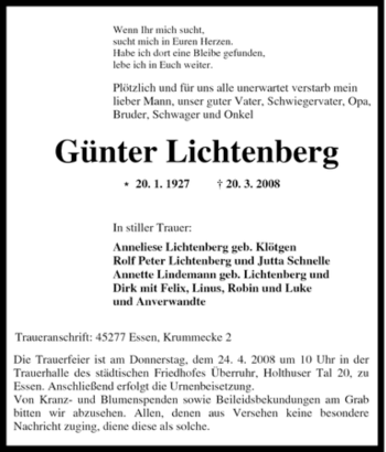 Traueranzeige von Günter Lichtenberg von Tageszeitung