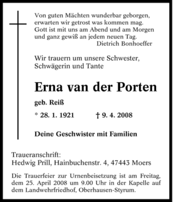 Traueranzeige von Erna van der Porten von Tageszeitung