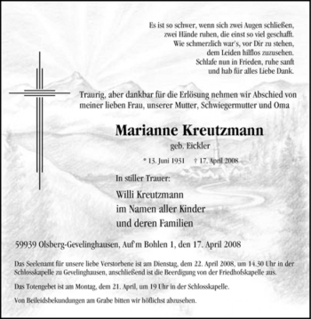 Traueranzeige von Marianne Kreutzmann von Tageszeitung