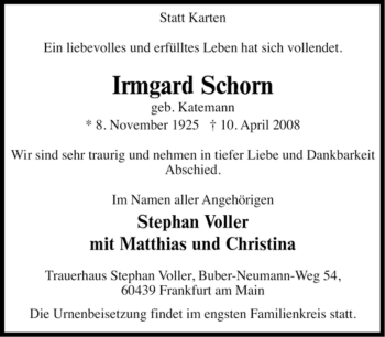 Traueranzeige von Irmgard Schorn von Tageszeitung