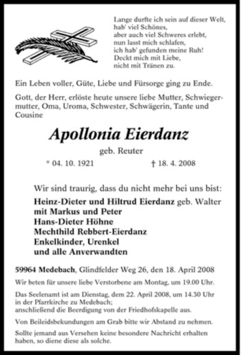Traueranzeige von Apollonia Eierdanz von Tageszeitung