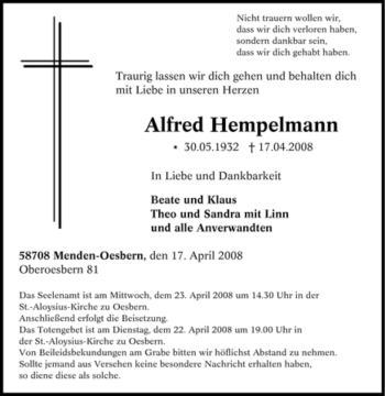 Traueranzeige von Alfred Hempelmann von Tageszeitung