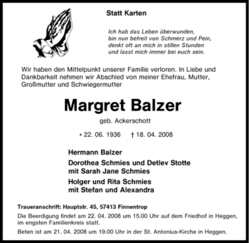 Traueranzeige von Margret Balzer von Tageszeitung