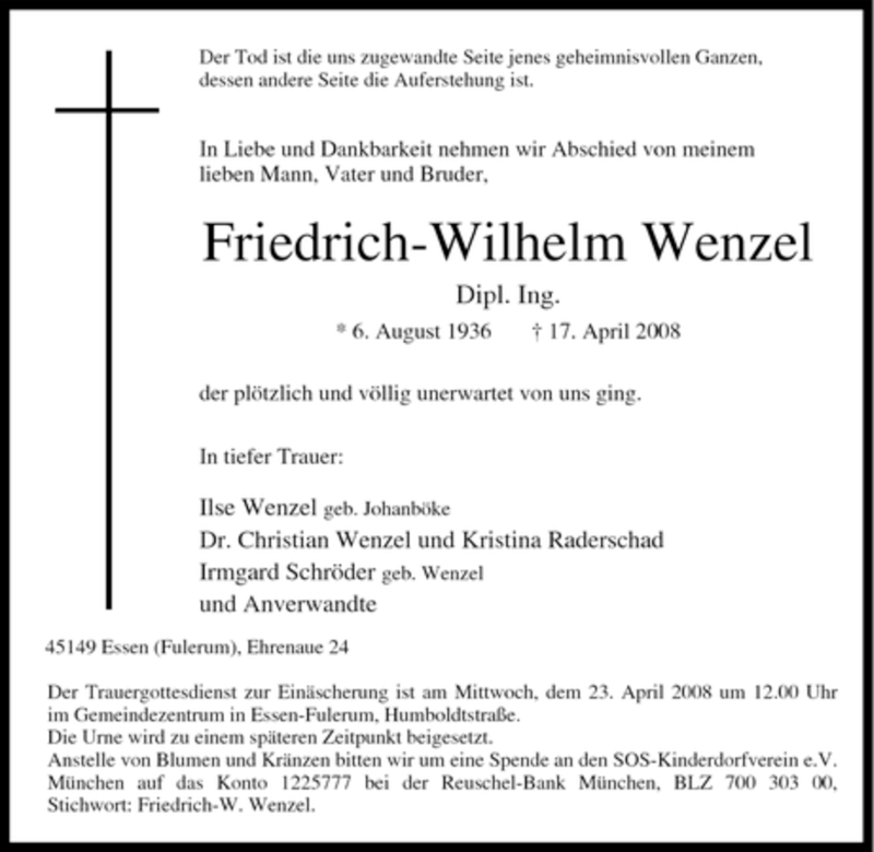  Traueranzeige für Friedrich-Wilhelm Wenzel vom 19.04.2008 aus Tageszeitung