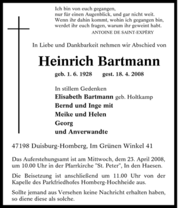 Traueranzeige von Heinrich Bartmann von Tageszeitung