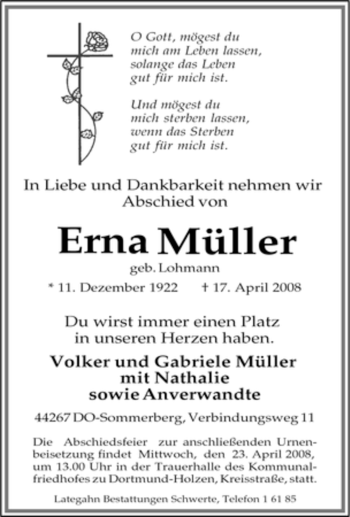 Traueranzeige von Erna Müller von Tageszeitung