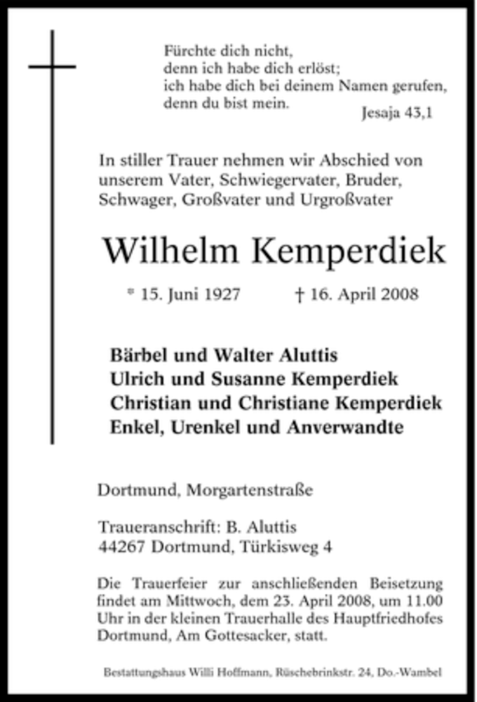  Traueranzeige für Wilhelm Kemperdiek vom 19.04.2008 aus Tageszeitung
