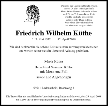 Traueranzeige von Friedrich Wilhelm Küthe von Tageszeitung