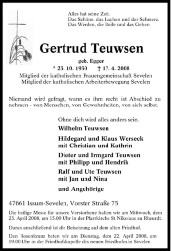 Traueranzeige von Gertrud Teuwsen von Tageszeitung