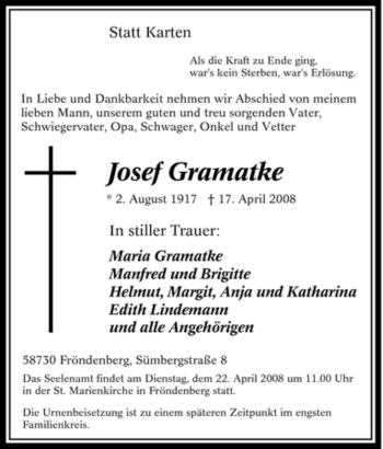 Traueranzeige von Josef Gramatke von Tageszeitung