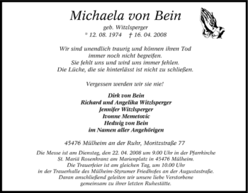 Traueranzeige von Michaela von Bein von Tageszeitung