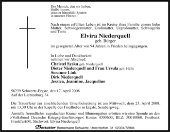 Traueranzeige von Elvira Niederquell von Tageszeitung