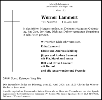 Traueranzeige von Werner Lammert von Tageszeitung