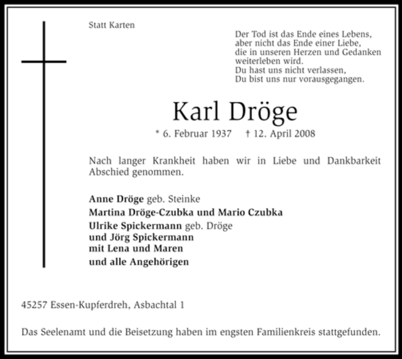  Traueranzeige für Karl Dröge vom 19.04.2008 aus Tageszeitung