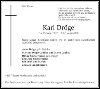Traueranzeige von Karl Dröge von Tageszeitung