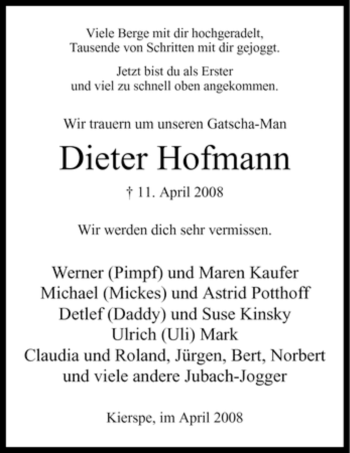 Traueranzeige von Dieter Hofmann von Tageszeitung