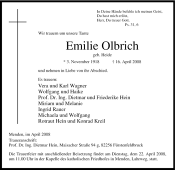 Traueranzeige von Emilie Olbrich von Tageszeitung